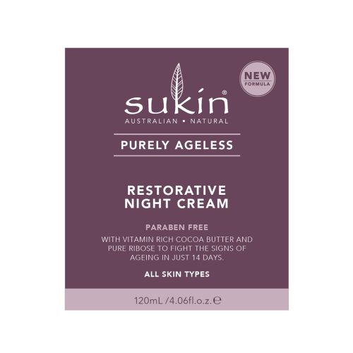 Viser lilla eske som holder krukke med Restorative Night Cream fra Sukin