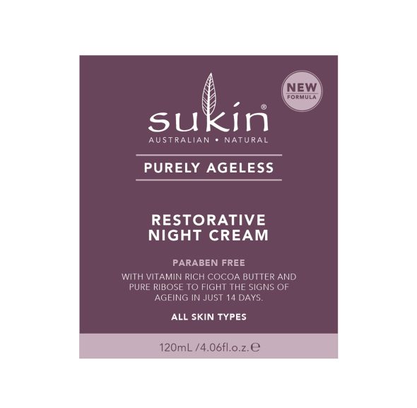 Viser lilla eske som holder krukke med Restorative Night Cream fra Sukin