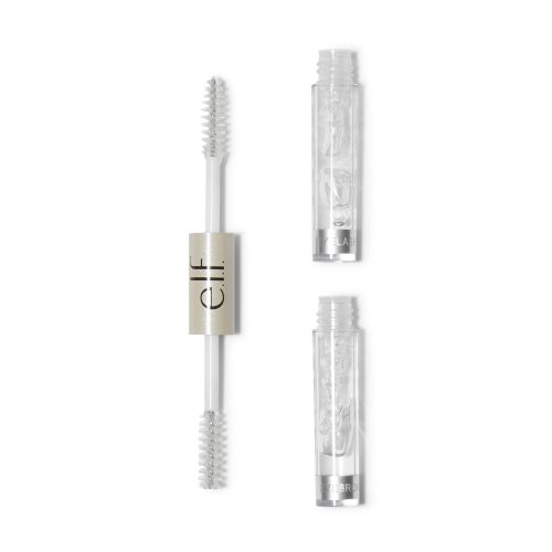 Viser Clear Brow & Lash Mascara i 3 deler. To flaske ender med produkt og et "lokk" med børster i hver ende